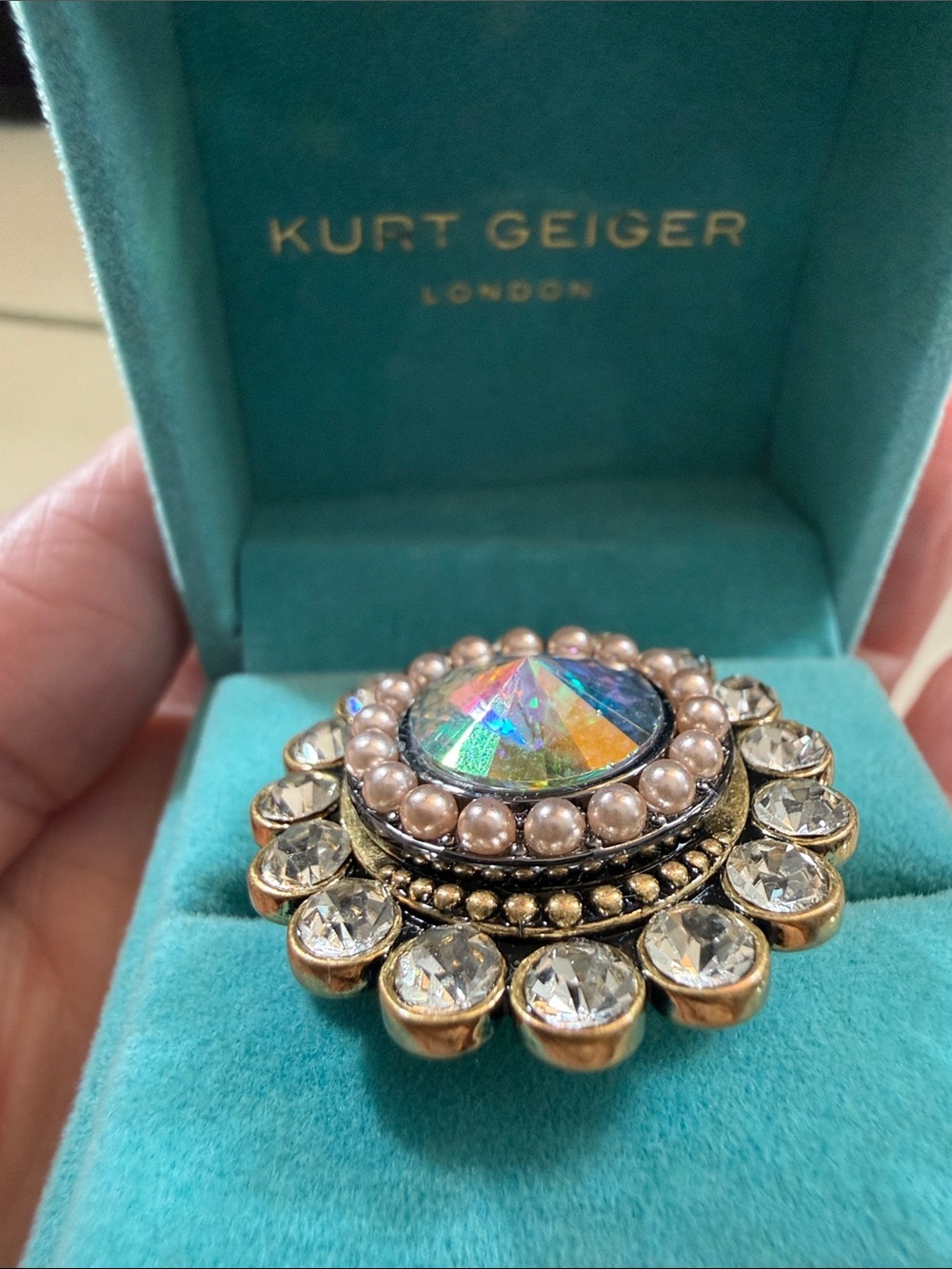 Kurt Geiger Stunning Antique Gold-Tone Halo Ring with Iridescent Center - Picture 10 of 10